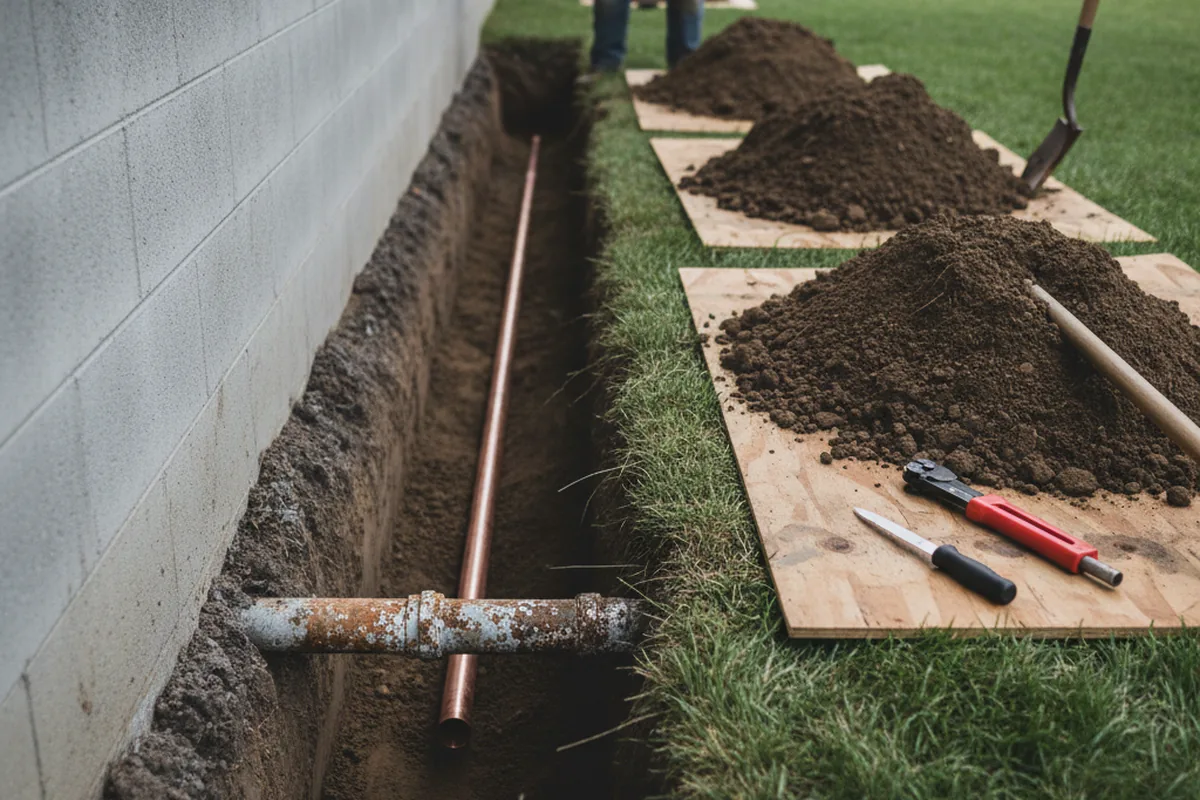 Excavated water line trench during Water Softener Installation in Largo